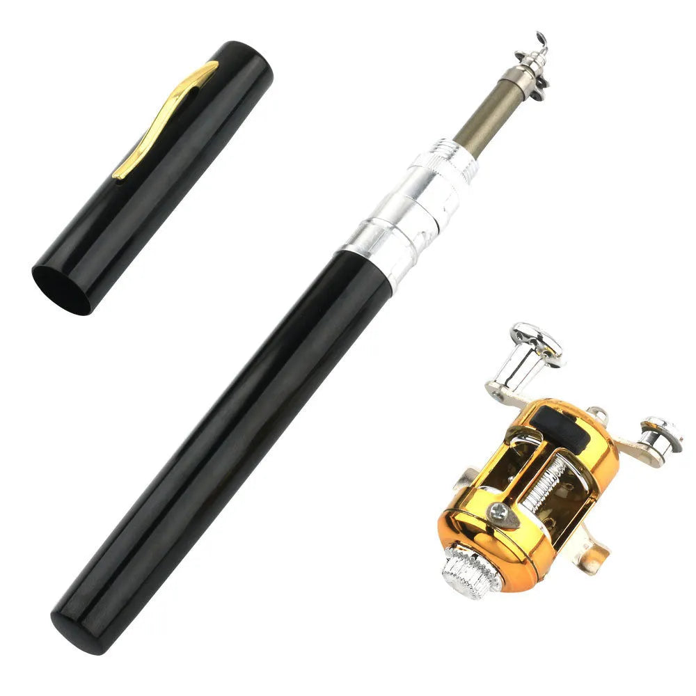 Gold telescopic pocket fishing rod extended next to its ST5RL reel and collapsed in its aluminium pen case.