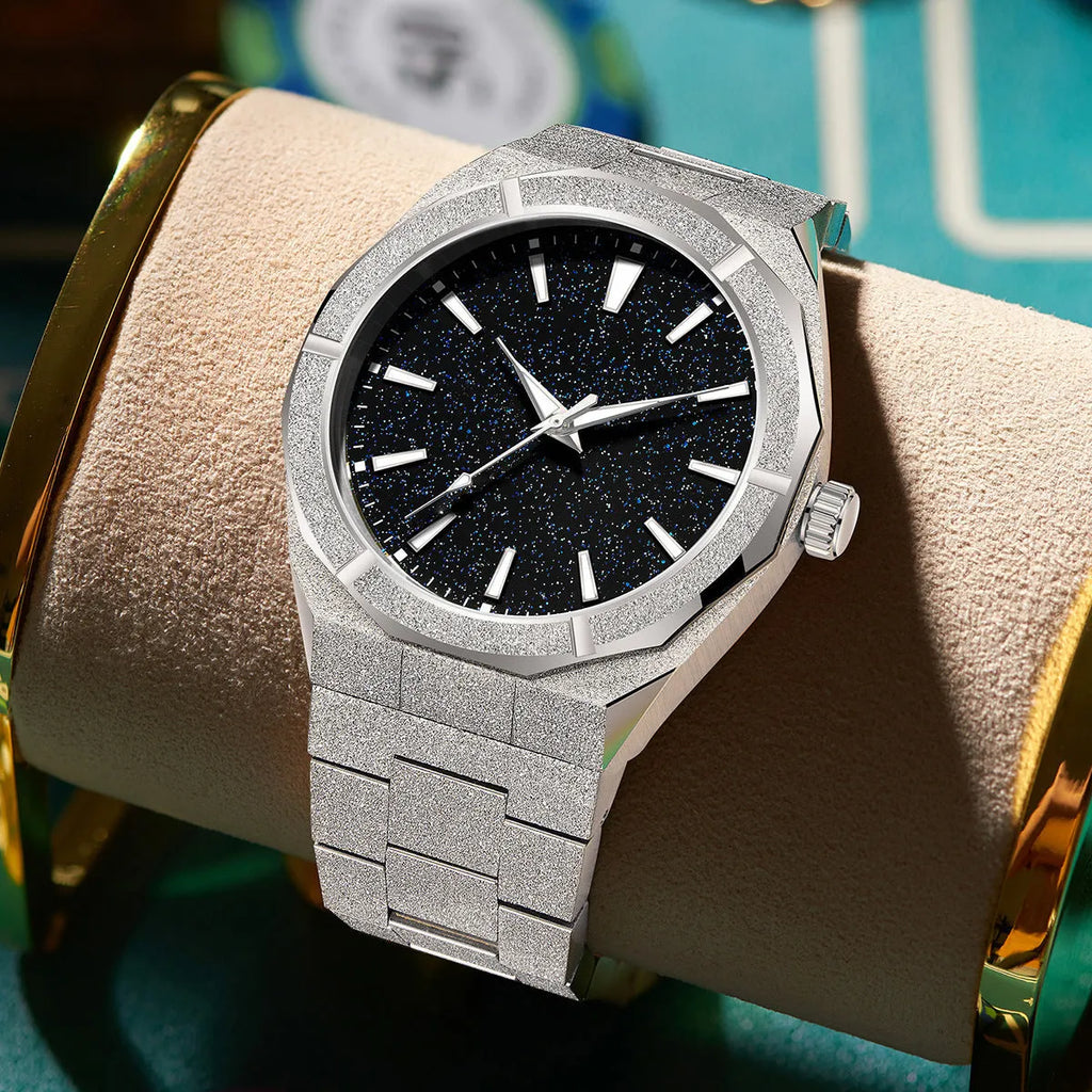 Business men's watch with frosted stainless steel case and luminous markers in silver, gold, or black colour options