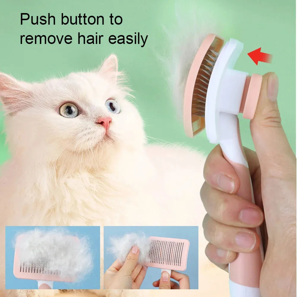 Self-cleaning slicker brush for dogs and cats with gentle bristles and one-click hair release button