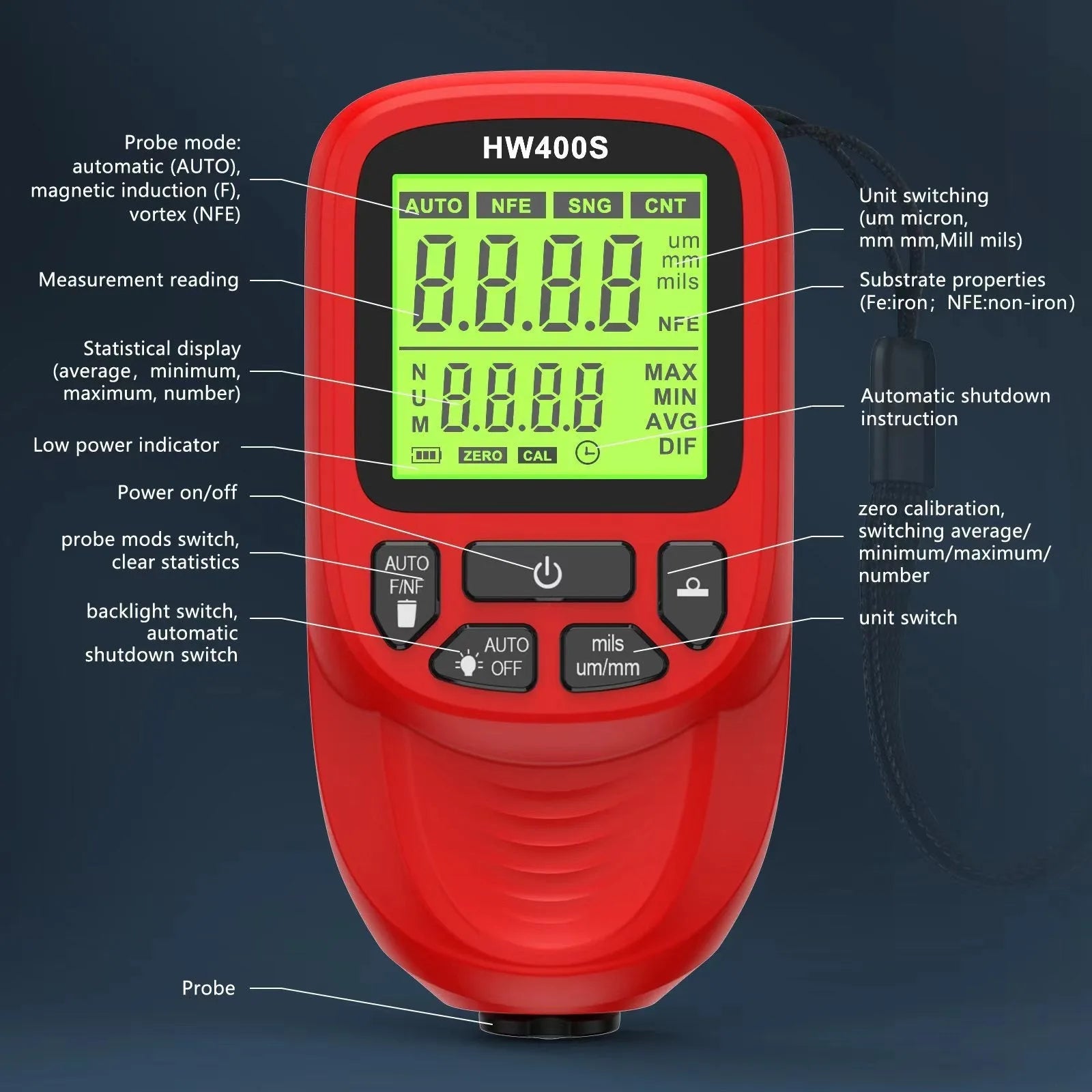Hw-400s thickness gauge in black, measuring coating on metal surface, ABS body with digital display