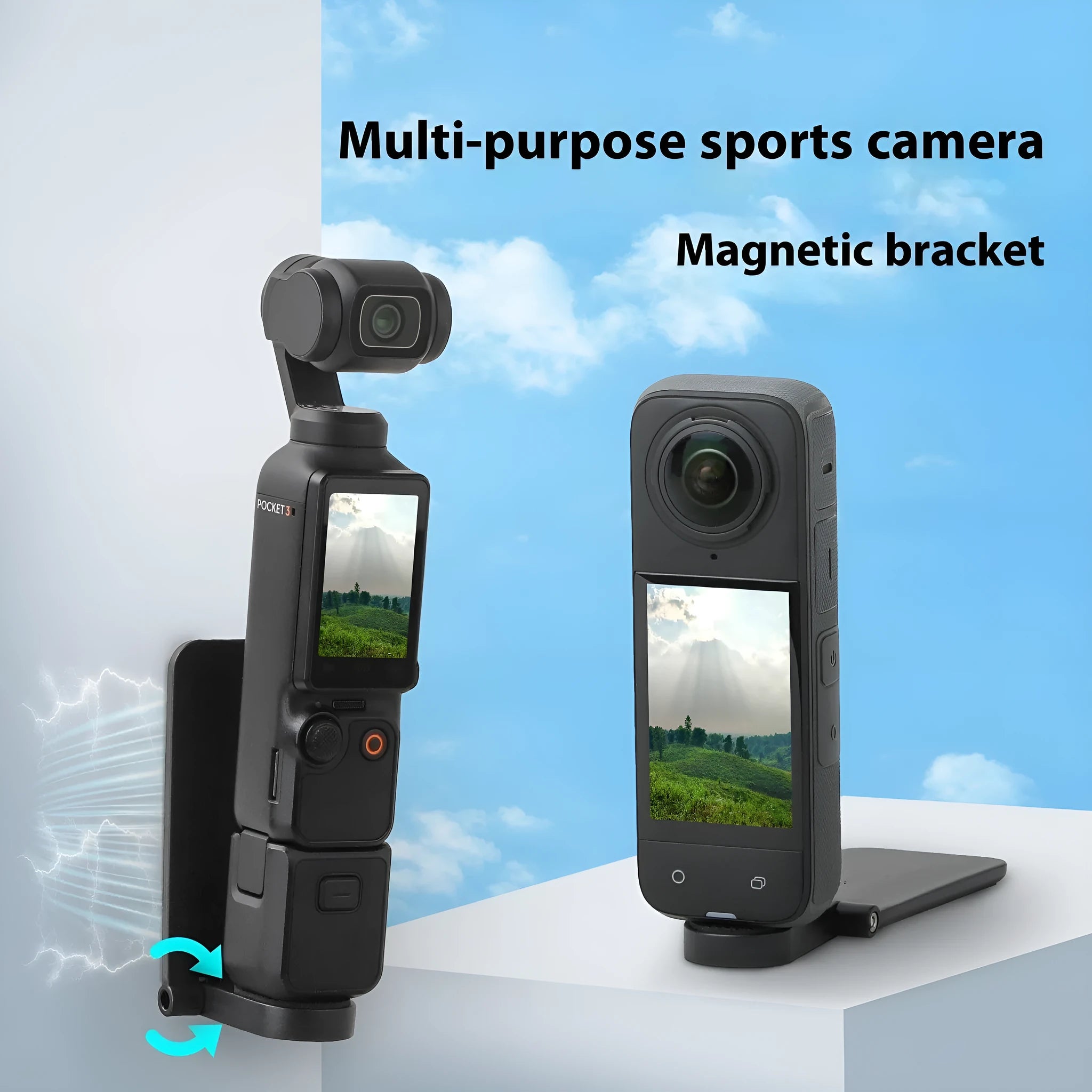 Magnetic bracket base handle for Insta360 X4 camera, black plastic silicone construction, angle-adjustable desktop camera accessory