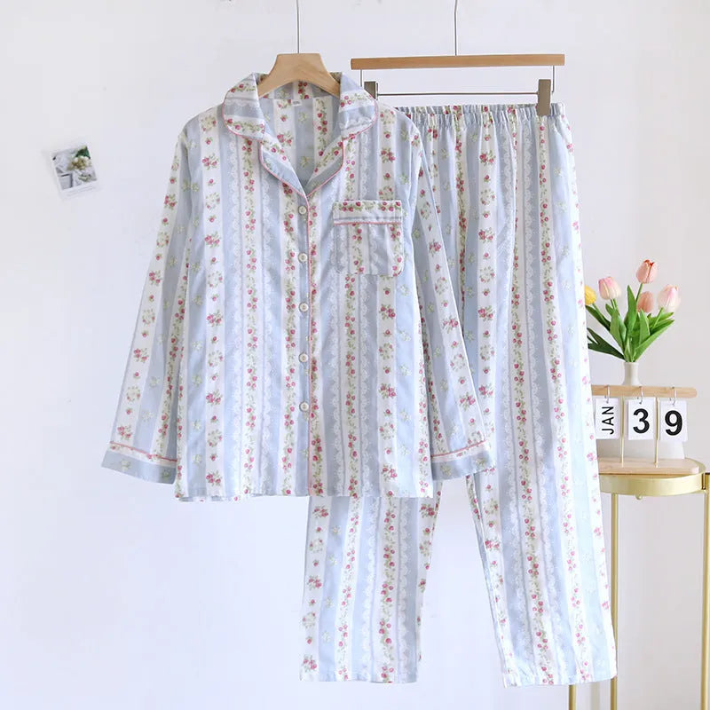 Japanese style cotton gauze homewear trousers set with long sleeves in colour stripes pattern