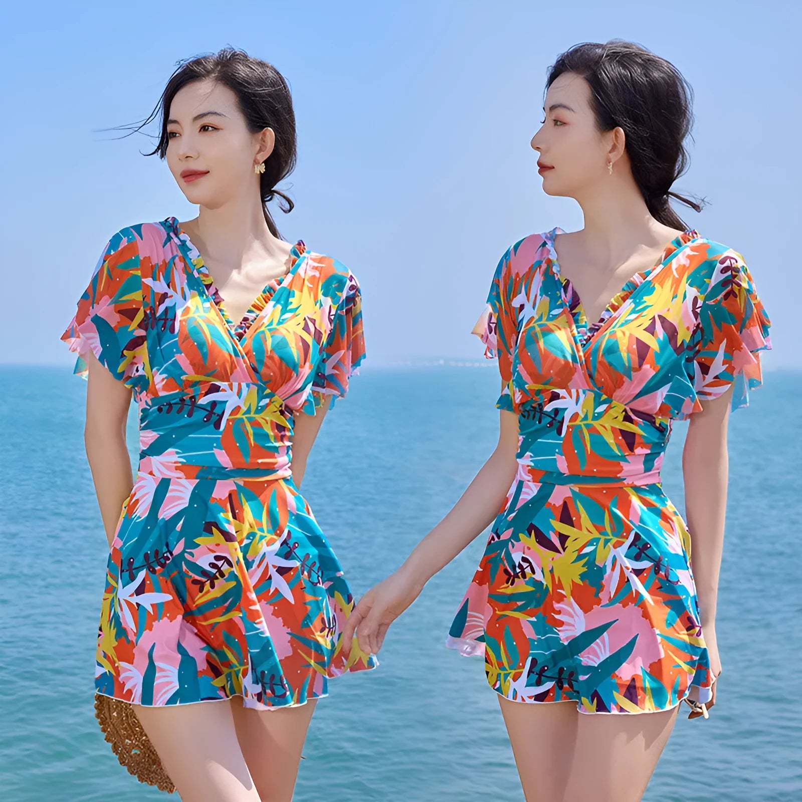 Women's colourful printed one-piece polyester swimsuit with full belly coverage, Asian sizing M-3XL