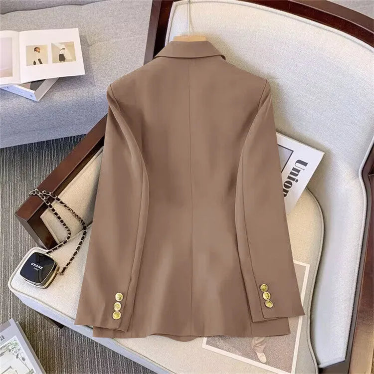 Women's loose-fit polyester blouse in black, milky white, khaki, or pink with regular sleeves