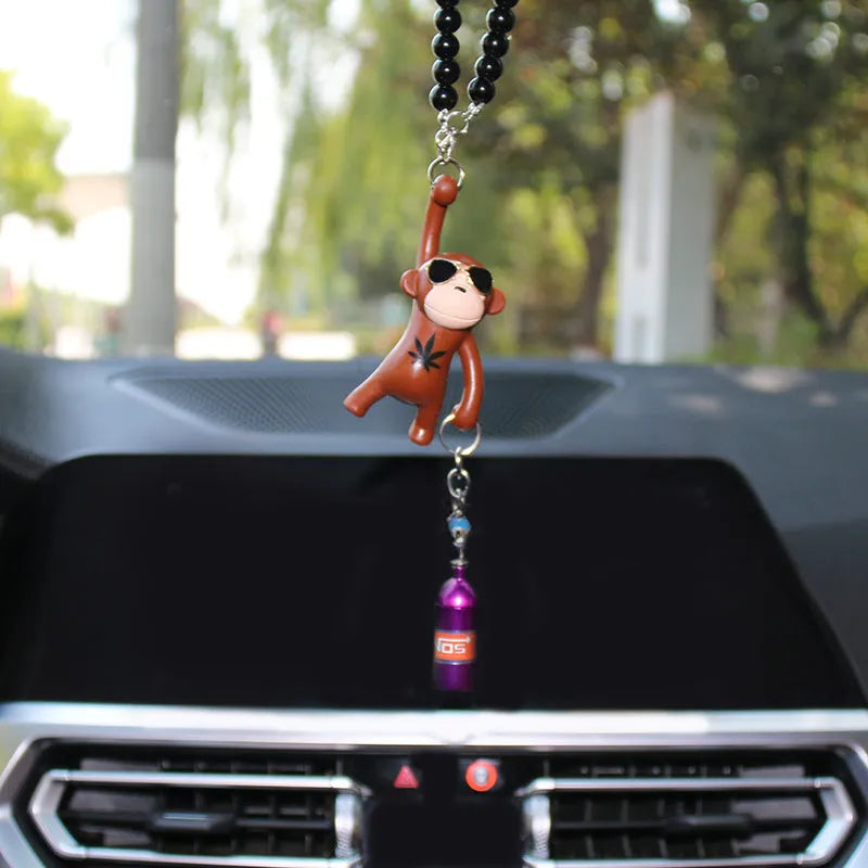 Hip-hop monkey rearview mirror pendant with sunglasses, plastic construction, bead necklace, for car interior decoration