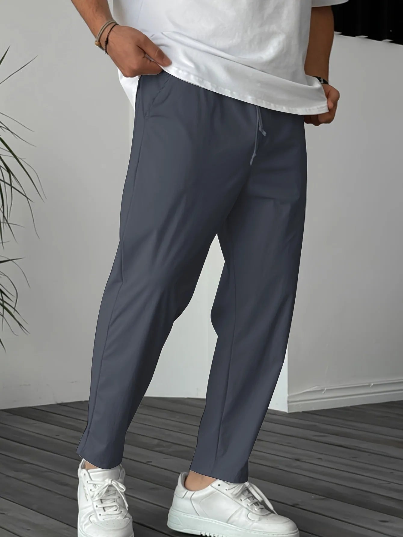 Men's pure colour straight leg drawstring trousers in khaki with ribbon pocket detail, bamboo fibre and rabbit fur blend