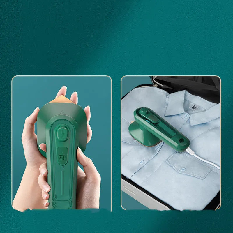 Handheld portable garment ironing machine in dark green with large titanium panel, UK plug