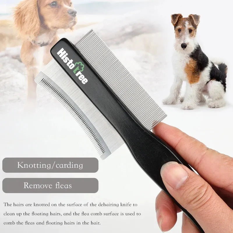 Double-sided stainless steel pet deshedding comb with wood handle for cat or dog grooming, black colour