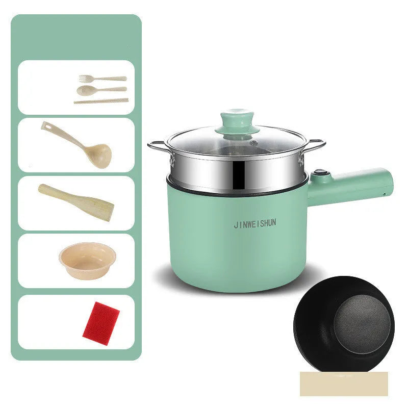 Mini hot pot electric cooker in green with stainless steel body, non-stick pot, and steam grid option for portable cooking