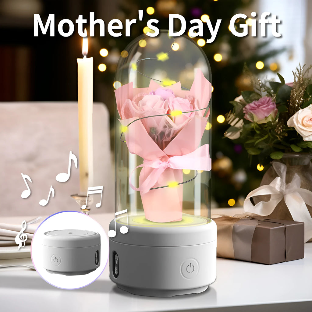 Creative 2 in 1 bouquet LED light and Bluetooth speaker in glass cover with rose lights