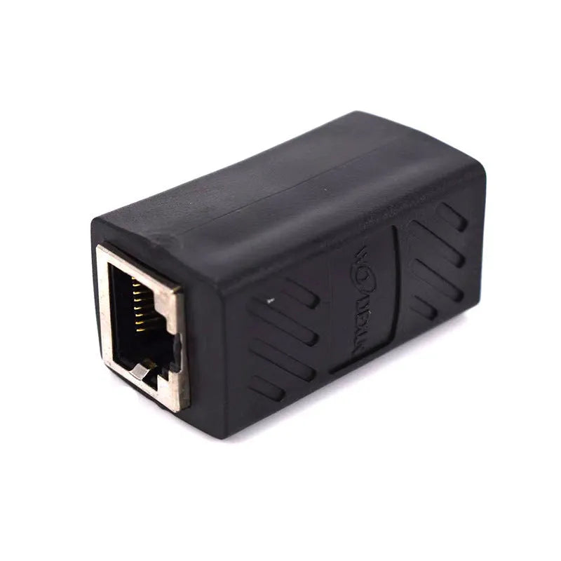 Black RJ45 network cable extender adapter showing connection ports for ethernet patch cables