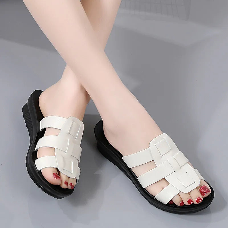 Large size flat bottom women's slippers in beige with soft PU sole and breathable viscose upper