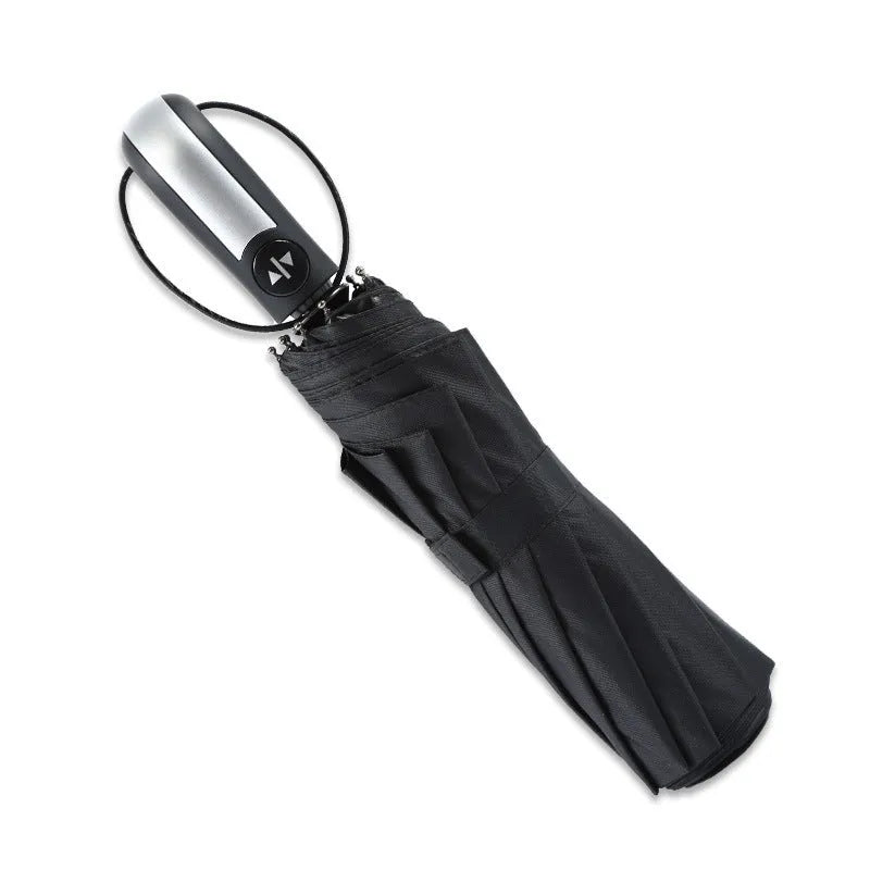 Triple folding business advertising umbrella with automatic opening mechanism and rubber handle