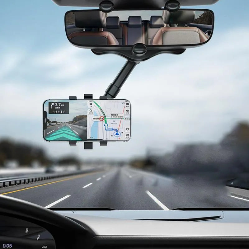 Black rearview mirror phone holder with rotating head and telescopic arm extended