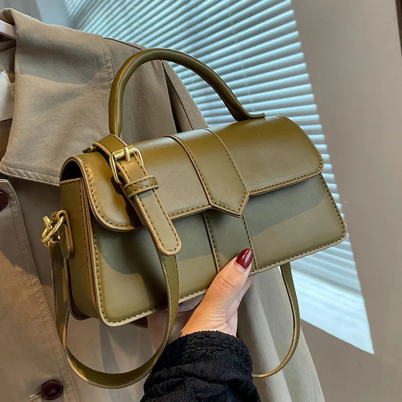 Women's PU leather messenger bag with horizontal square design measuring 22cm wide