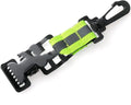 Fluorescent green metal safety clip with reflective nylon lining for securing fireman gloves.