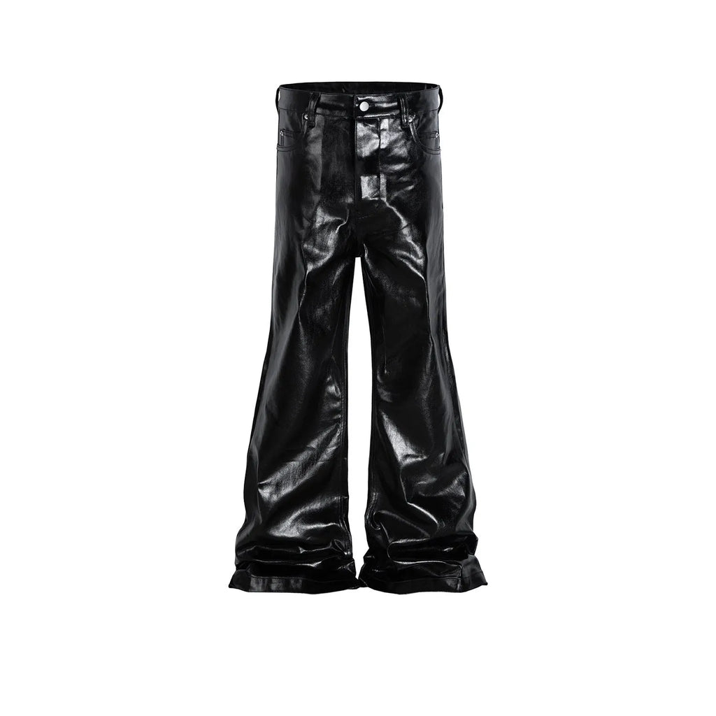 Black coated shiny patent leather straight-leg skinny jeans on a mid-waist