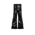 Black coated shiny patent leather straight-leg skinny jeans on a mid-waist