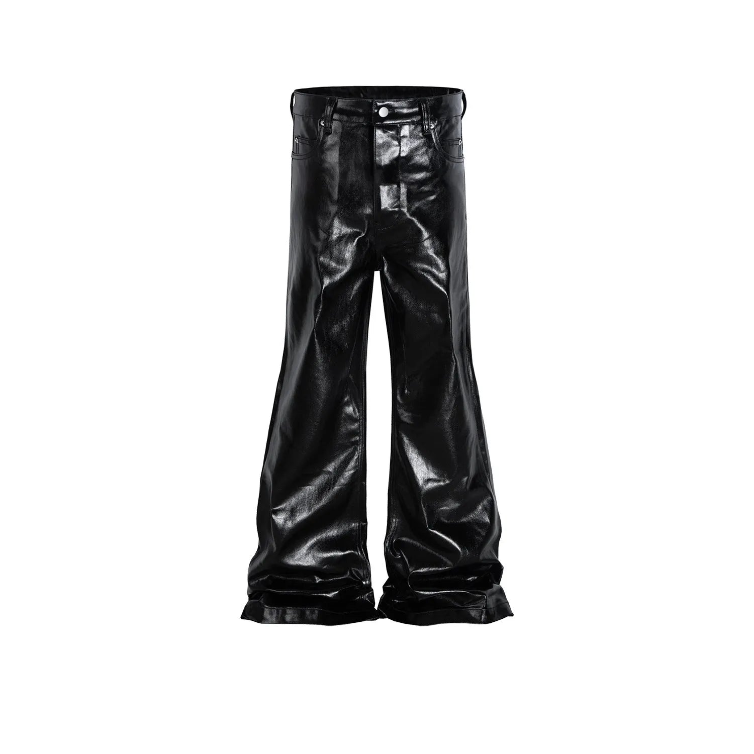Black coated shiny patent leather straight-leg skinny jeans on a mid-waist