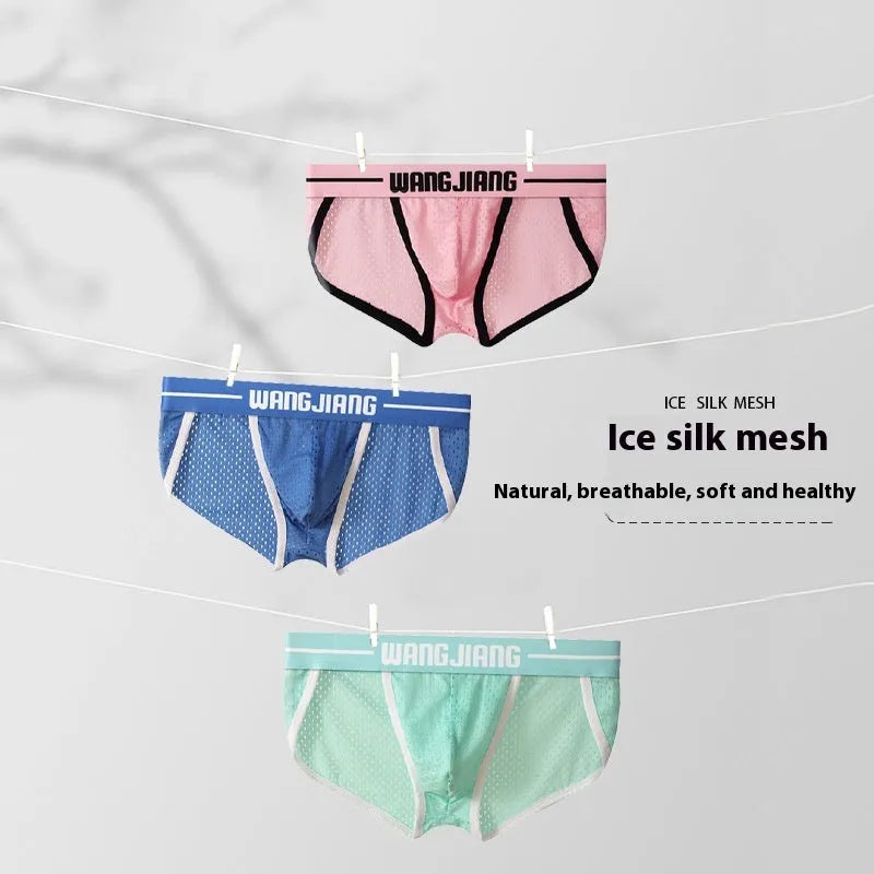 Men's mesh ice silk triangle underwear briefs in black solid colour quick dry nylon sport fit