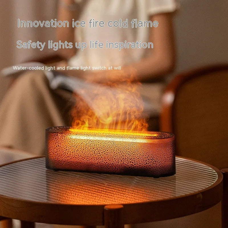 Creative square lava flame aroma diffuser and humidifier on a desktop with colourful LED light effect.