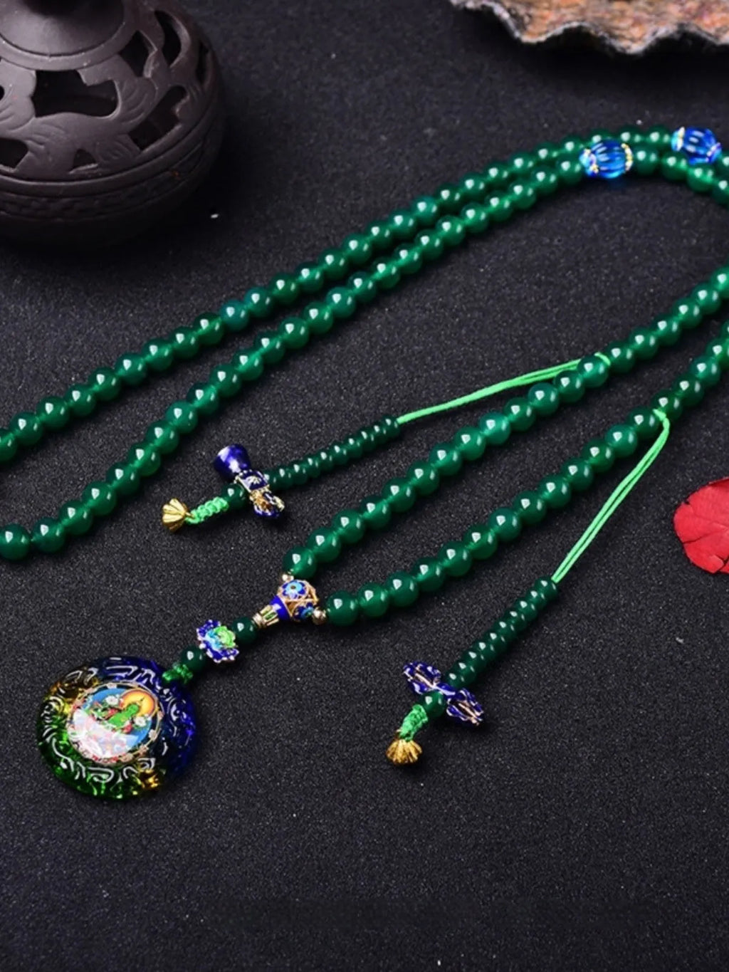 Natural green agate 108 Thangka pendant multi-circle bracelet on display