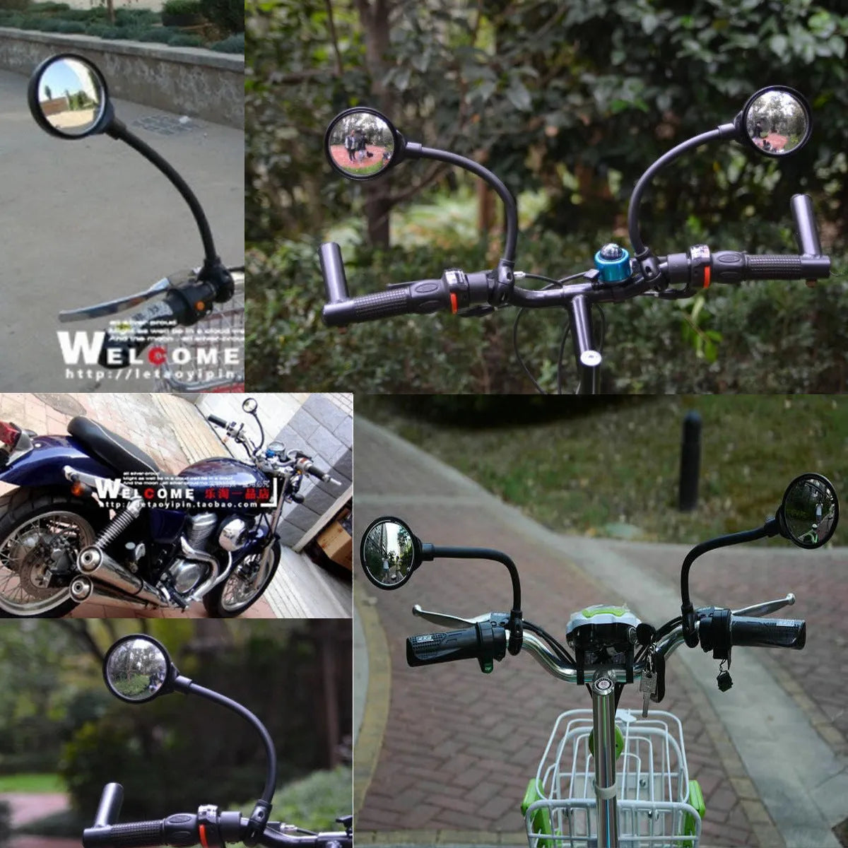 Hose adjustment bicycle rearview mirror in black colour with metal construction for universal handlebar fit