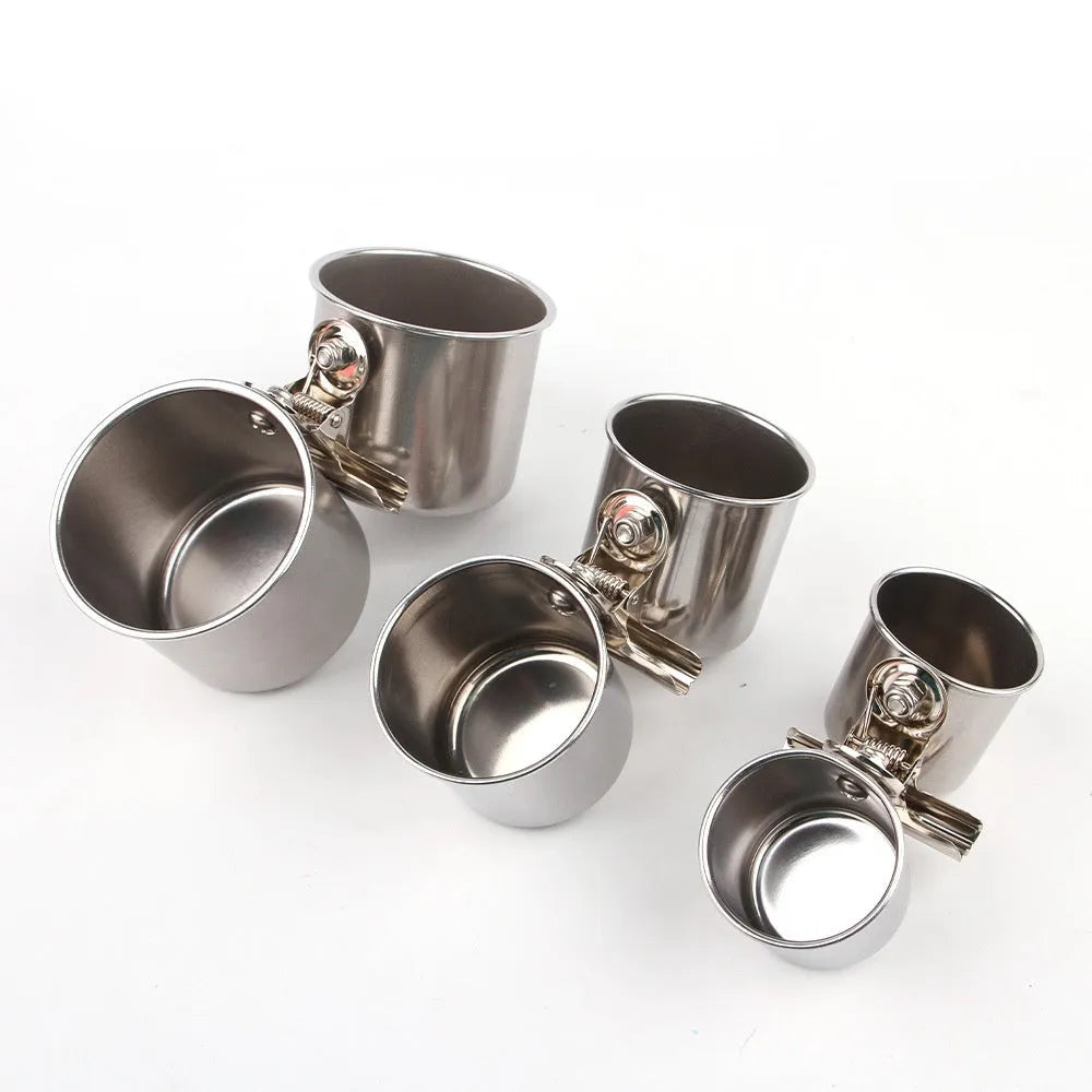Stainless steel birdcage food container outdoor feeder in natural colour.