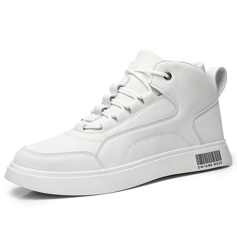 Men's white mid-top casual board shoes with a round toe and rubber sole.