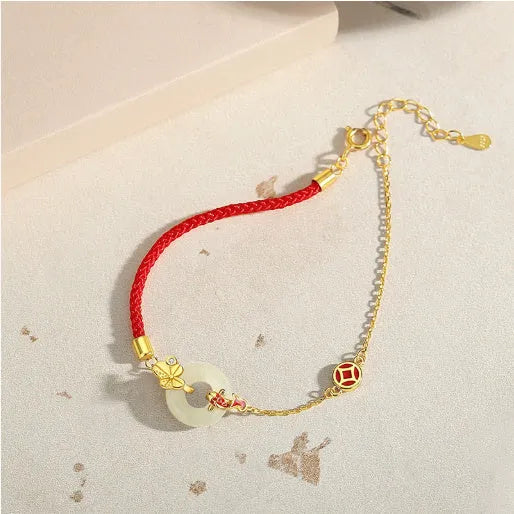 925 silver koi peace buckle bracelet with Hetian jade and red rope, gold electroplated finish
