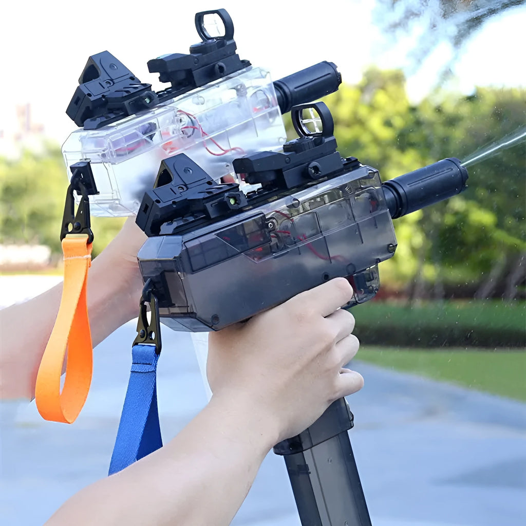 Uzi electric burst water gun in blue with transparent shell, 35ft range, rechargeable battery