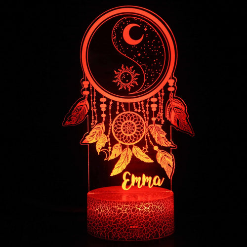 3D small night lamp with touch and remote control showing colourful LED illumination on a bedside table