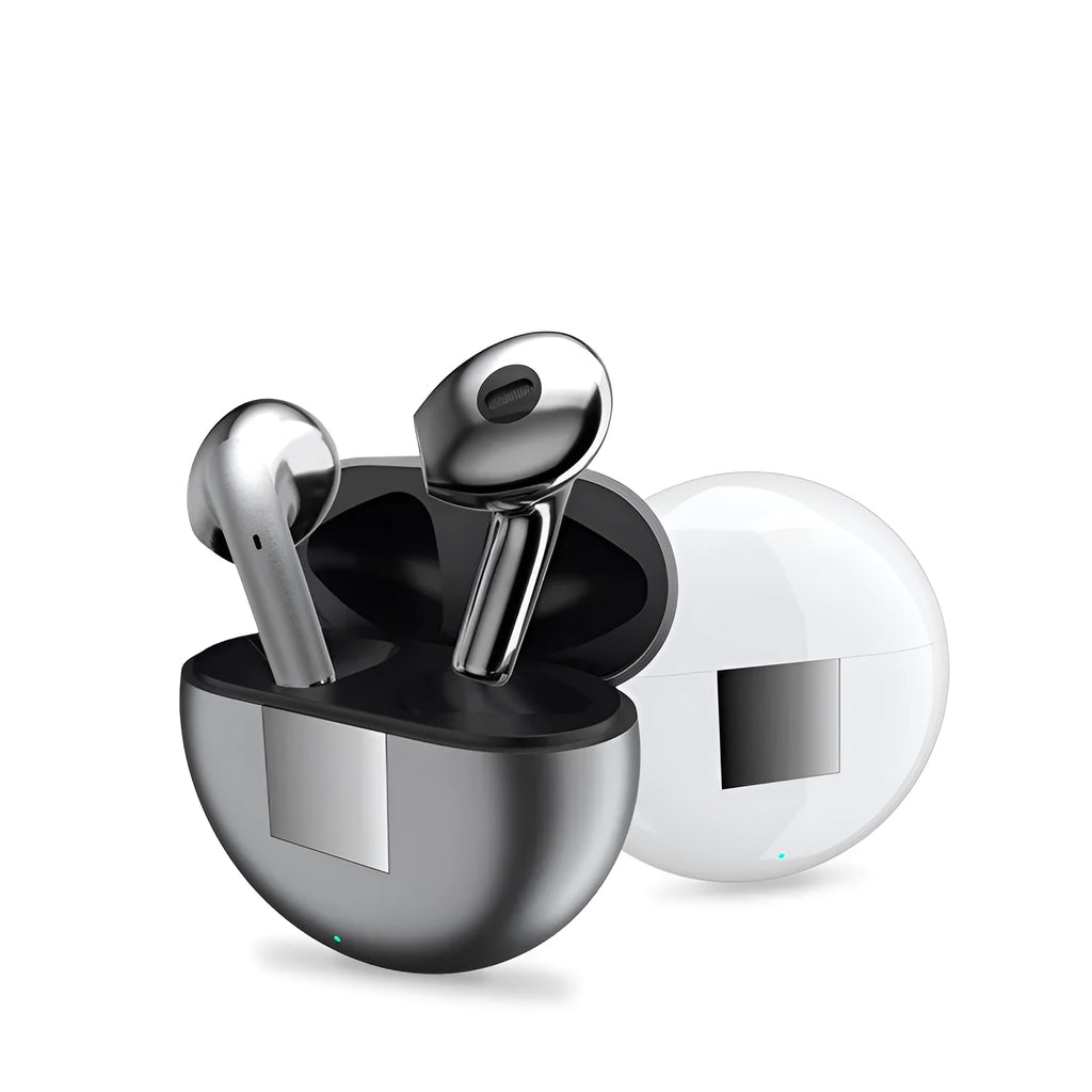 White Budz5 wireless Bluetooth earphones with semi-in-ear design and compact charging case