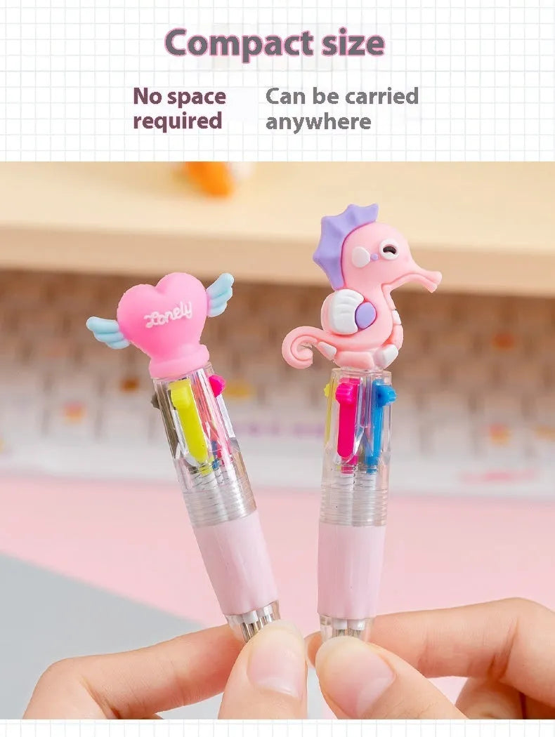 Cartoon-themed four-colour press ballpoint pen showing colour selection button and decorative designs