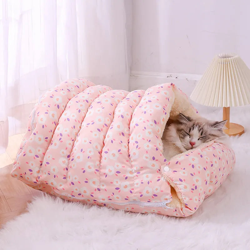 Winter warm closed cat nest in pink floral pattern with removable cover, suitable for cats under 15kg, made of cloth