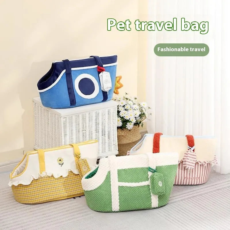 Shoulder cat bag pet carrier in green with cartoon pattern and short plush material