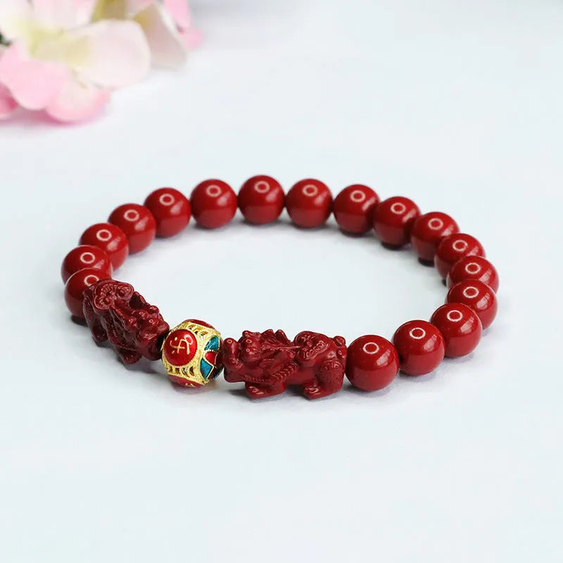 Cinnabar double pixiu women's bracelet with 8mm beads, purple gold sand finish, and leather cord