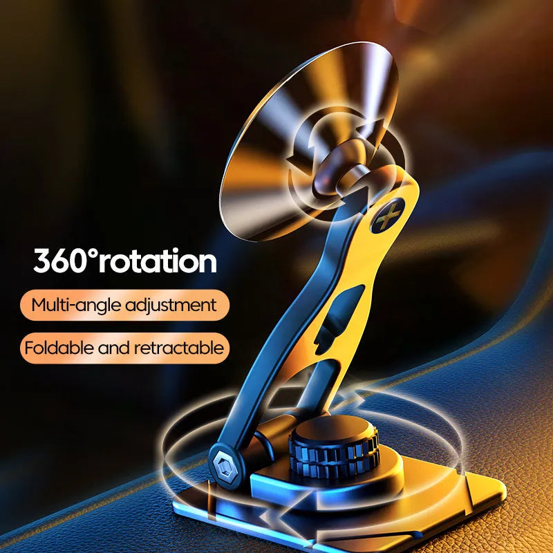 Telescopic folding car phone holder with magnetic mount on a car dashboard.
