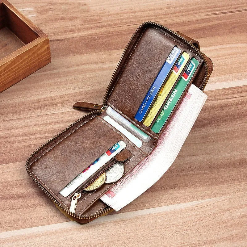 Men's short style PU bifold wallet in black with two-fold construction for card and cash storage