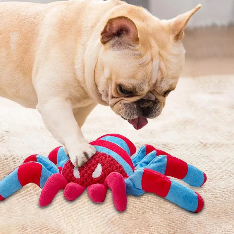 Red bite-resistant plush teddy dog toy with squeaker for tooth cleaning suitable for medium and large dogs