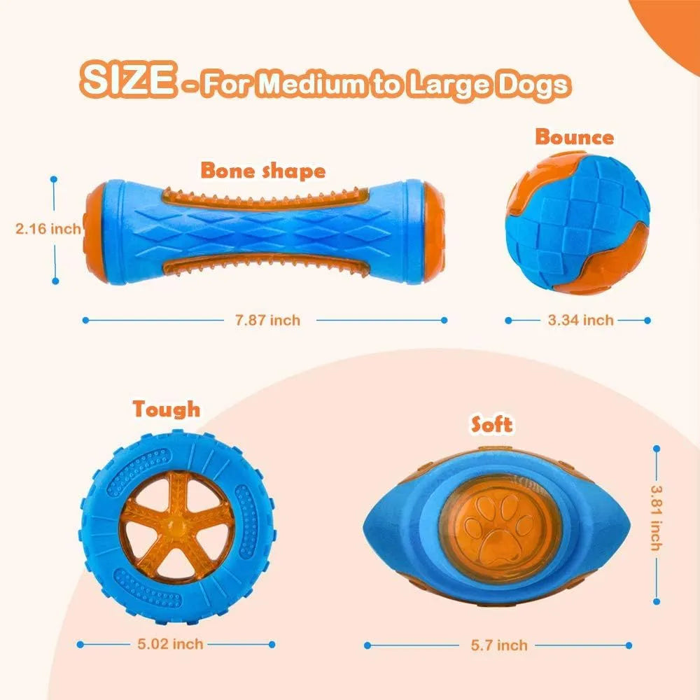 Set of three TPR dog toys: a spiked ball, a barbell, and a tire, shown as floating squeaky toys for water fetch.