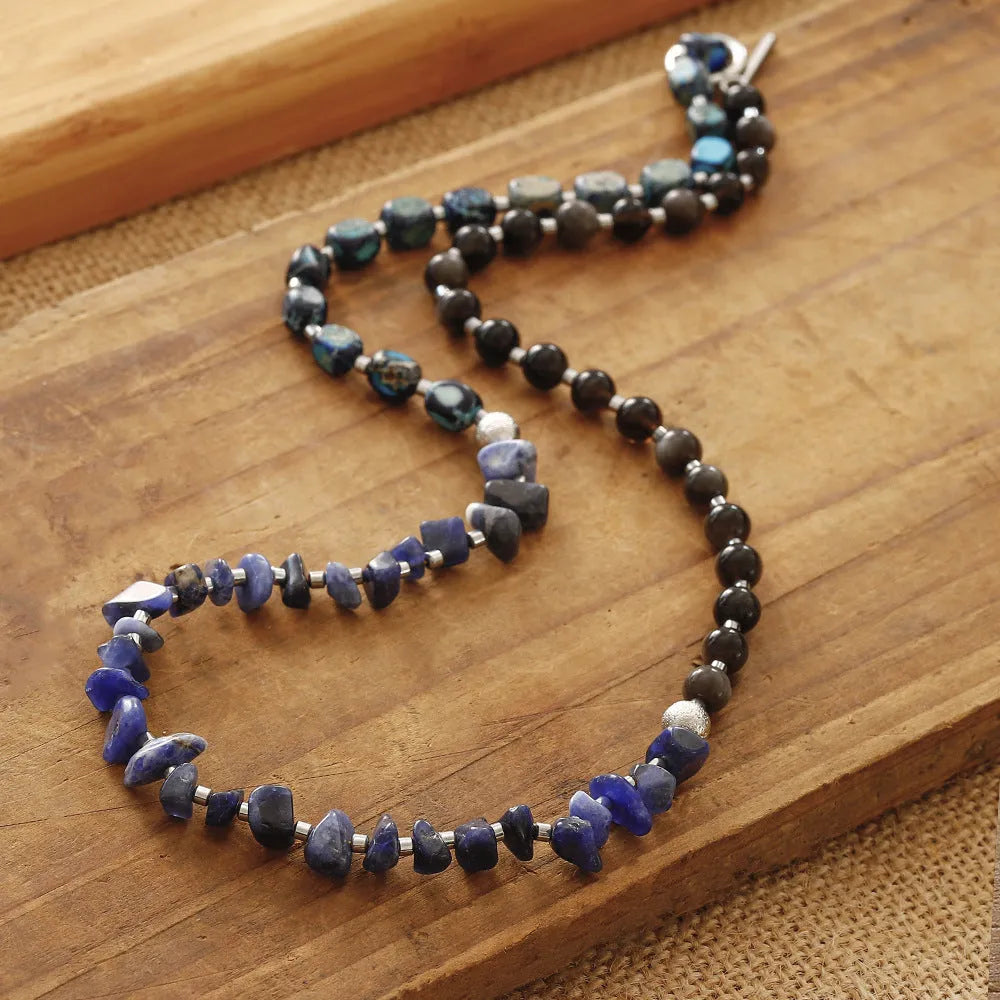 Female retro multi-layer hand woven crushed stone bracelet in blue with Fang Hui stone and gold Obsidian