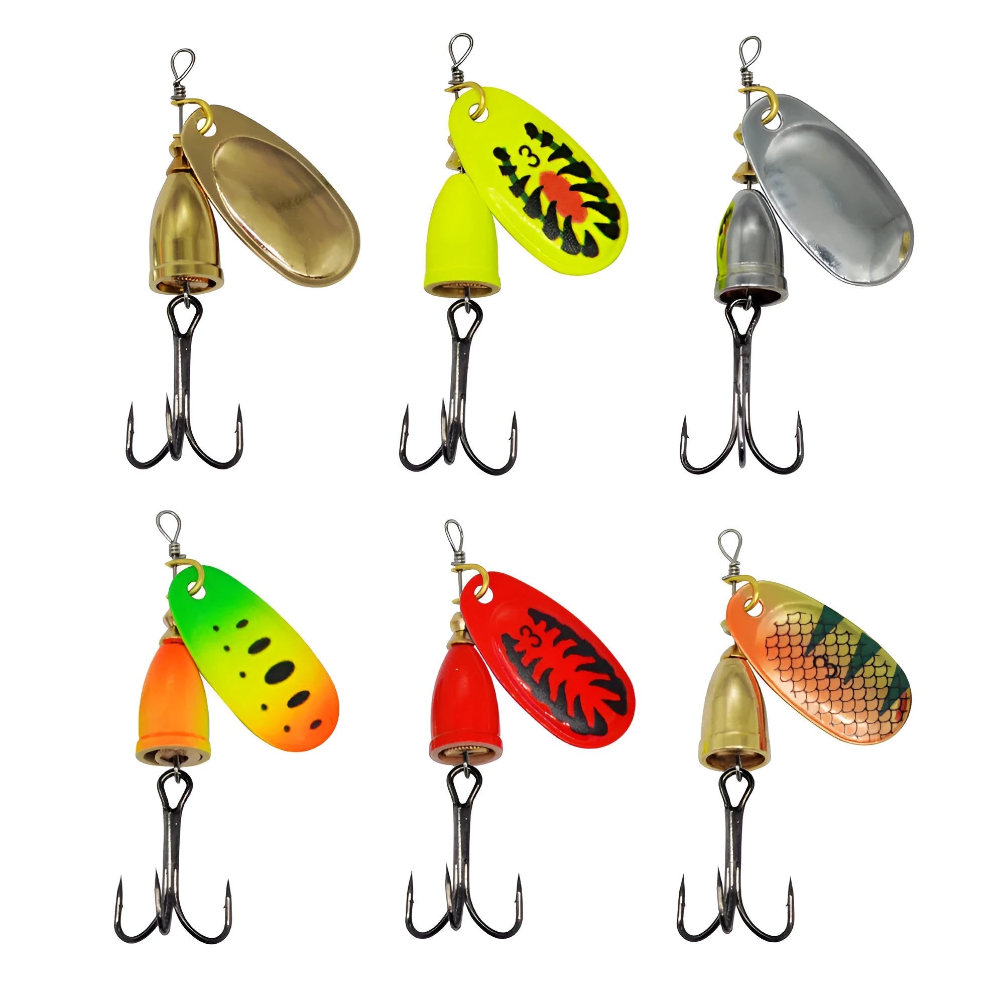 R composite rotating sequins copper bell fishing lure in seven colour options including yellow green and gold mesh