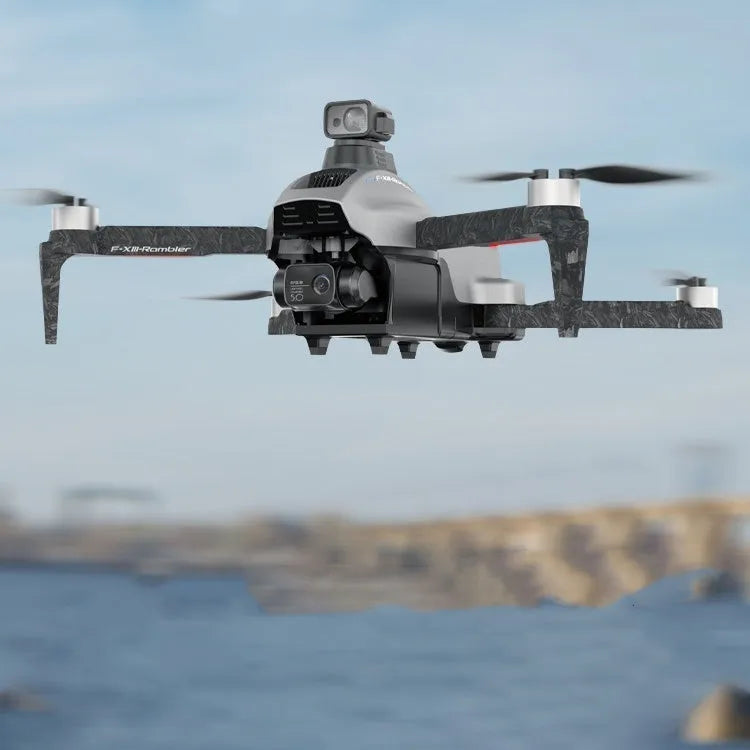 White folding quadcopter drone with 4K camera and obstacle avoidance sensors, shown with remote control and shoulder bag.