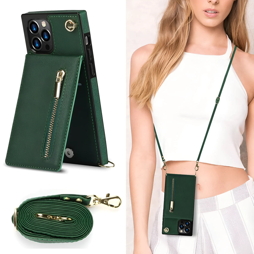 Genuine leather and TPU mobile phone case in solid black, shown on a smartphone.