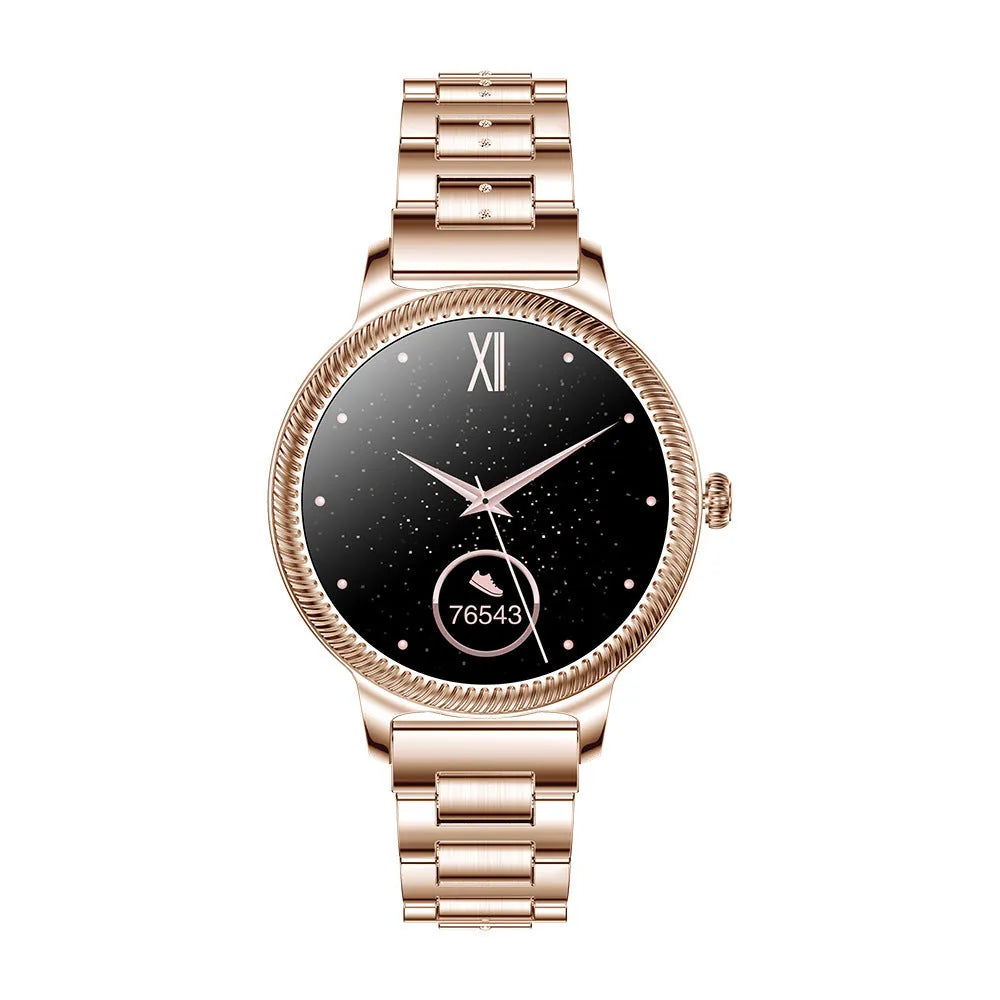AK38 Ladies Smart Watch with metallic stainless steel band on a wrist, showing its 1.09-inch colour screen.