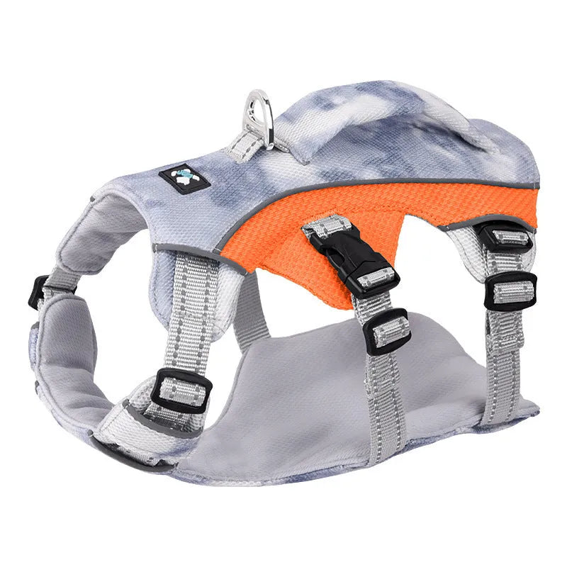 Reflective light blue dog chest strap showing adjustable design for summer walking safety