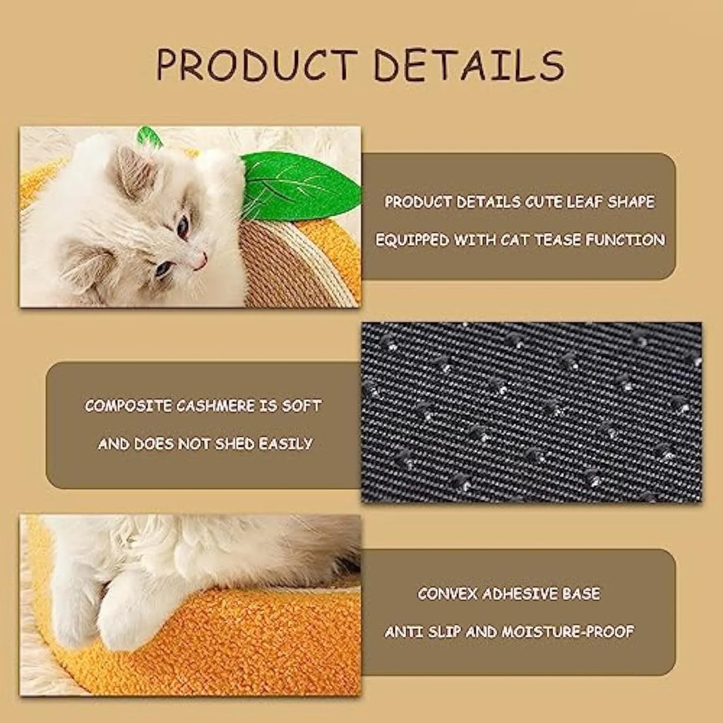 Orange round fruit-shaped sisal cat scratching board and bed for small breed cats.
