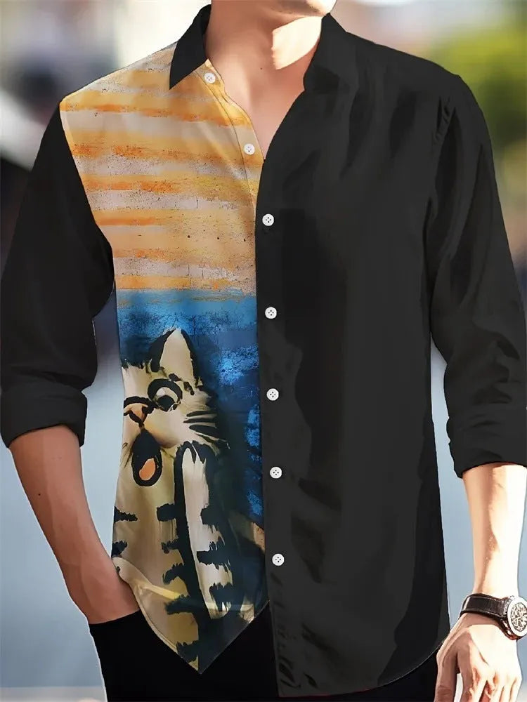 Hawaiian style men's long sleeve shirt with flower pattern, loose fit, polyester fabric