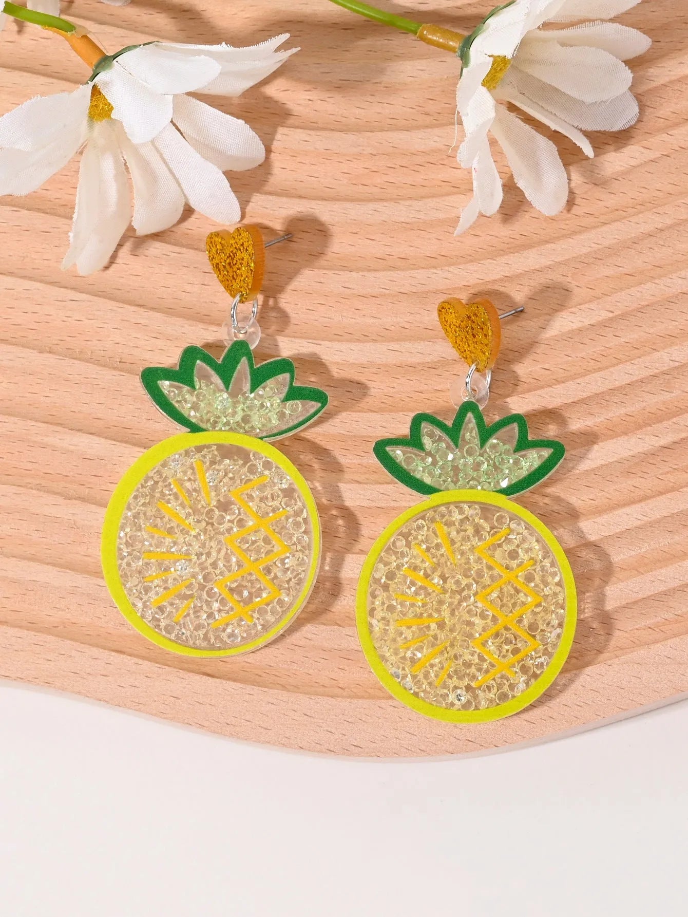 Acrylic drop earrings with fruit and dessert motifs including cherry, strawberry, watermelon, pineapple, coconut, cake, and ice cream, in pastoral style for women